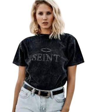 NWT SEINT Beauty Mineral Wash Graphic Tee - Charcoal Grey / Washed Black - Size